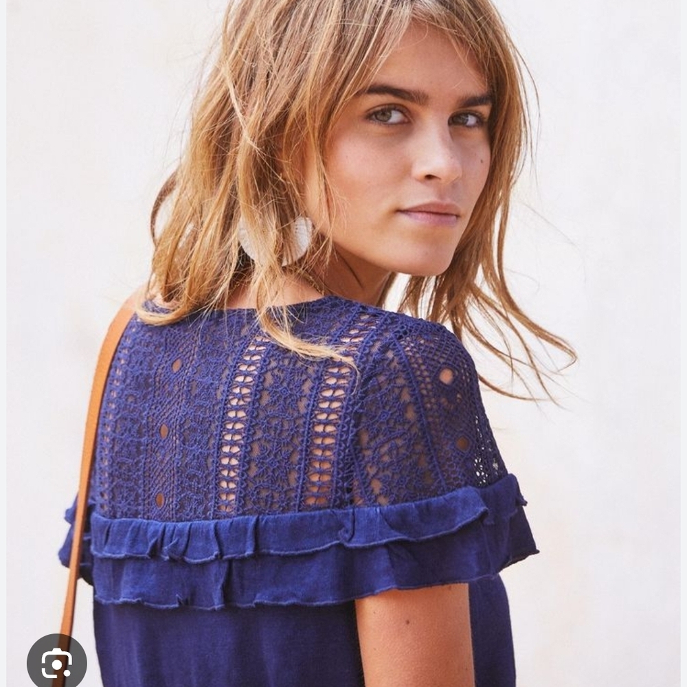 Sezane Lucette 100% Linen Lace and Ruffle T-shirt Top, Navy, Size M - Picture 2 of 9